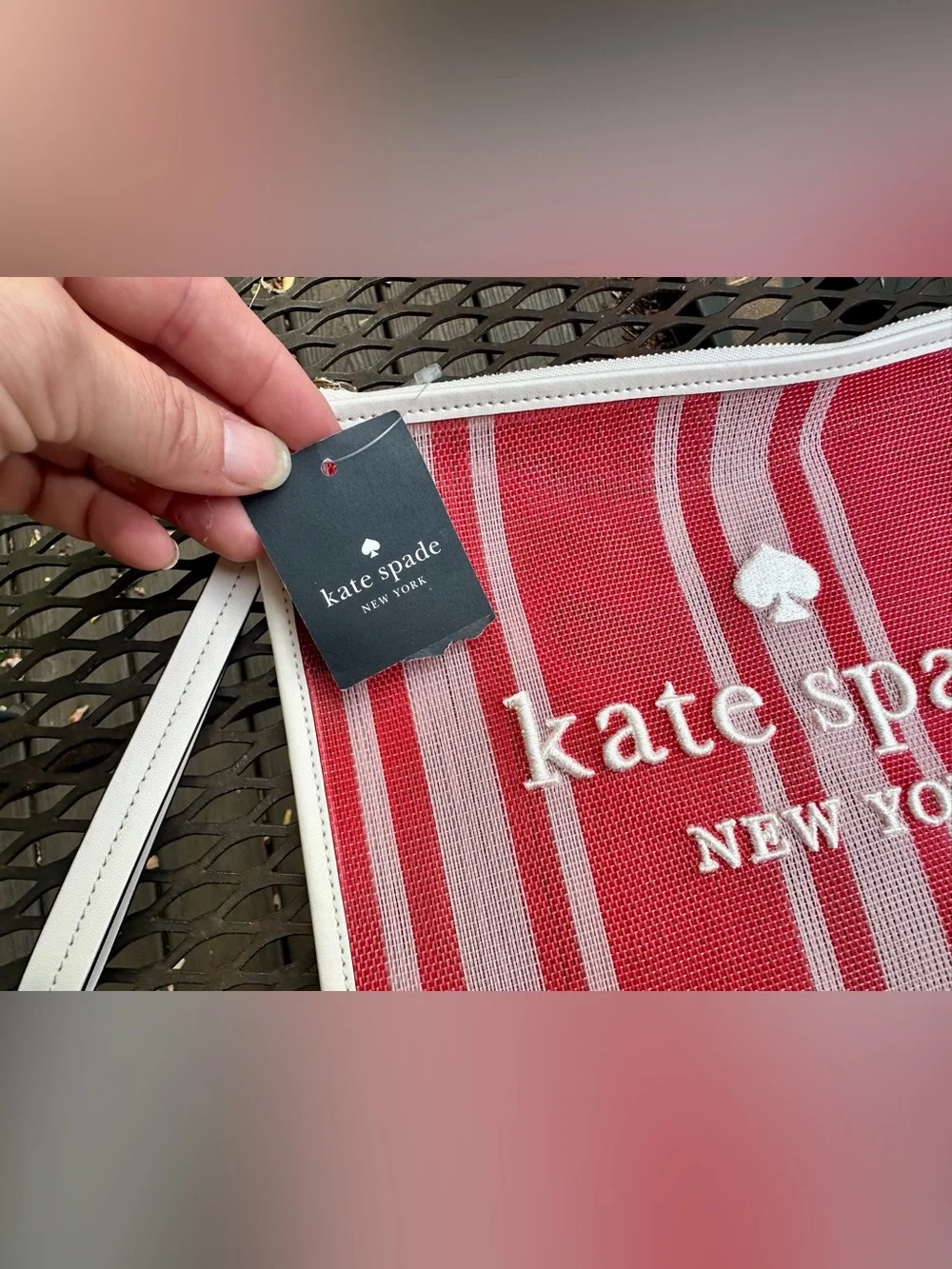 Kate Spade New York Red & White Striped Mesh Wristlet Clutch NWT